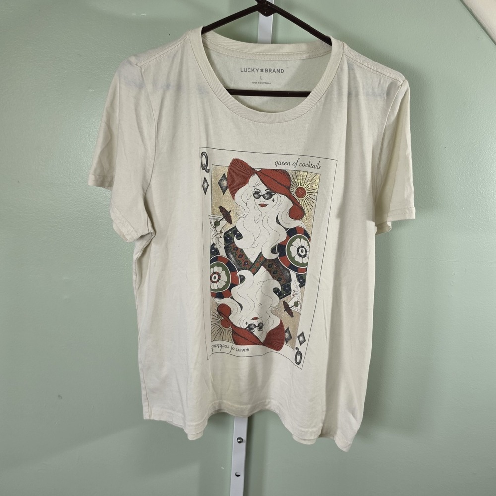 Lucky Brand Queen of Summer Cocktails Cream Graphic Tee Shirt Size Large Women's